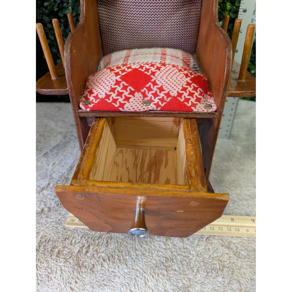 Vintage MCM Handmade Wood Sewing Rocking Chair Organizer‎ Pincushion Folk Art